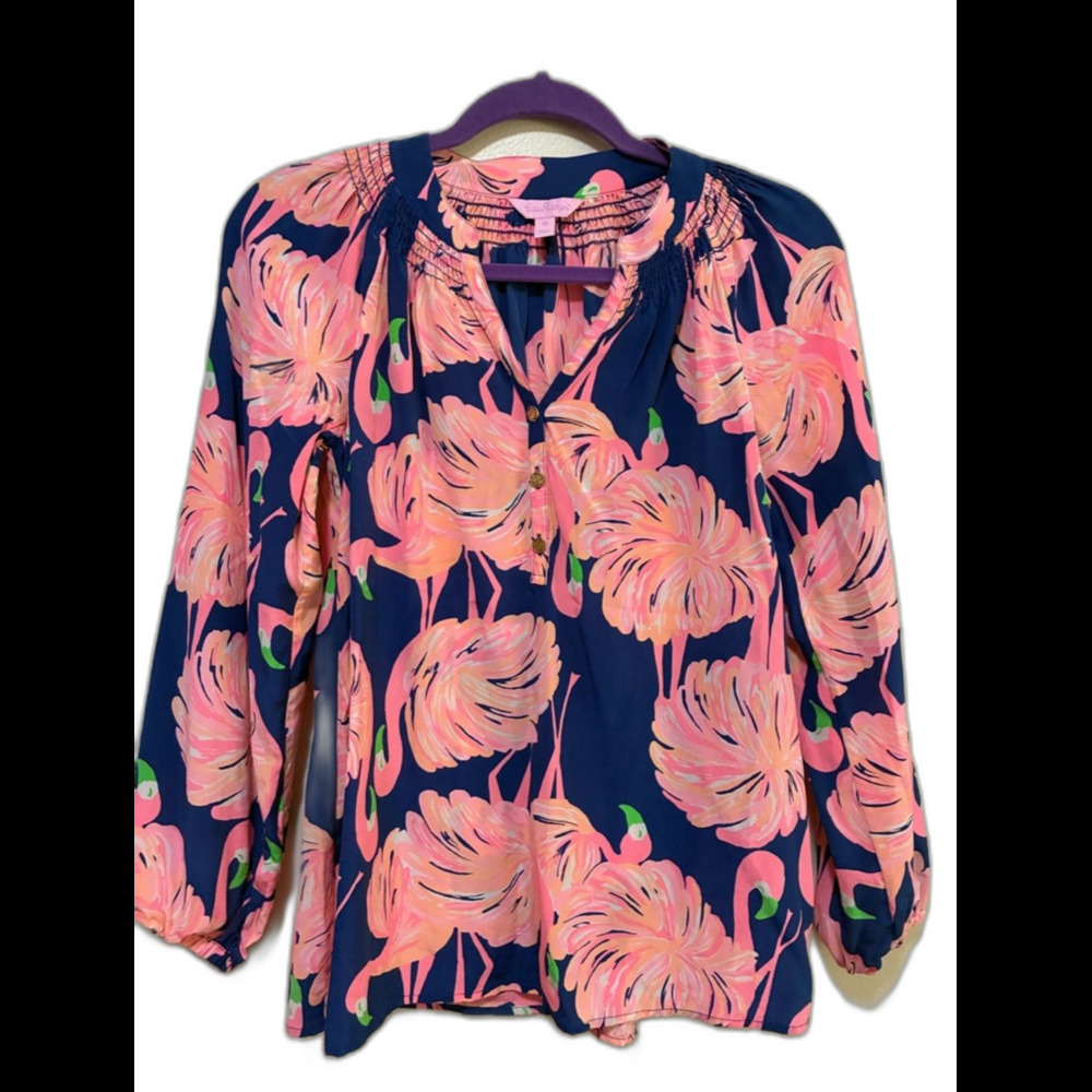 Lilly Pulitzer Elsa Top Pink Flamingo Print Long-Sleeve Silk size xs